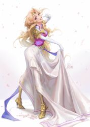 1girl armor armored_boots artist_name balo_badartist blonde_hair blue_eyes blue_tabard boots breasts circlet collared_dress commentary curtained_hair dress earrings elbow_gloves falling_petals finger_to_face floating_hair frilled_dress frills from_side full_body gem gloves gold_armor gold_belt gold_boots gold_circlet gold_earrings gold_greaves gown greaves grin hand_up head_tilt high_heels highres hylian_crest instagram_logo jewelry long_dress long_hair looking_at_viewer medium_breasts nintendo pauldrons petals pink_lips pointy_ears princess_zelda purple_shirt purple_trim raised_eyebrows red_gemstone see-through_silhouette semi-transparent_dress shirt shoulder_armor sidelocks signature simple_background skirt_hold sleeveless sleeveless_dress smile solo sparkle standing symbol-only_commentary tabard taut_clothes the_legend_of_zelda the_legend_of_zelda:_ocarina_of_time translucent triangle_earrings triforce tumblr_logo twitter_x_logo very_long_hair white_background white_dress white_gloves