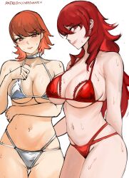 2girls absurdres bikini breasts brown_eyes brown_hair choker cleavage closed_mouth grey_bikini hair_over_one_eye heart heart_choker highres kirijou_mitsuru large_breasts long_hair looking_at_viewer multiple_girls navel nero_watch persona persona_3 red_bikini red_eyes red_hair short_hair silver_bikini simple_background smile stomach sweat sweatdrop swimsuit takeba_yukari white_choker