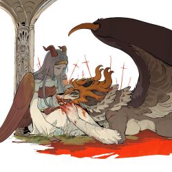 2girls animal_ears animal_nose bird blood blood_on_face body_fur breasts brown_fur check_copyright cleavage_cutout closed_eyes clothing_cutout colored_skin copyright_request crow cyany furry furry_female furry_with_non-furry grey_hair grey_skin headband highres horns imuthar_(cyany) interspecies kneeling long_hair lotus_(cyany) makeup monster multiple_girls navel orange_fur original snout sword two-tone_fur weapon white_background wings