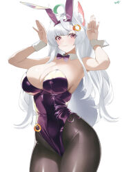 1girl absurdres ahoge animal_ear_fluff animal_ears arms_up bare_arms bare_shoulders black_pantyhose blunt_bangs bow bowtie breasts character_request chinese_commentary closed_mouth commentary_request cowboy_shot curly_hair detached_collar fake_animal_ears gradient_hair green_hair hairband highleg highleg_leotard highres indie_virtual_youtuber kurozawa_yui large_breasts leotard long_hair looking_at_viewer multicolored_hair pantyhose purple_bow purple_bowtie purple_eyes purple_hairband purple_leotard rabbit_ears rabbit_pose simple_background smile solo thick_thighs thighs virtual_youtuber white_background white_hair wrist_cuffs