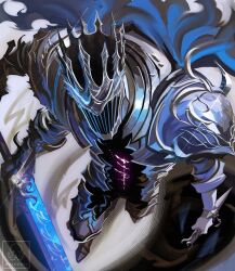 Rule 34 | 1boy, 1other, armor, blue cape, cape, commentary, dual wielding, elden ring, elden ring nightreign, extra arms, foreshortening, full armor, gauntlets, glowing, glowing sword, glowing weapon, great rune (elden ring), greatsword, helmet, heolstor the nightlord, highres, holding, maskoo185826, perspective, rain, shoulder armor, signature, simple background, spiked helmet, standing, sword, triple wielding, water drop, weapon