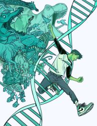 1boy animal bear beast_boy_(dc) bird black_dress colored_skin dc_comics dinosaur dna dress fish gabriel_picolo gabriel_picolo_(artist) giraffe goat green_hair green_skin hair_ornament happy jaguar monkey mouse multiple_animals octopus pointy_ears rabbit smile snake teen_titans turtle zebra