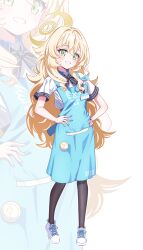 1girl absurdres alternate_costume angel&#039;s_24_uniform_(blue_archive) apron black_bow black_bowtie black_pantyhose blonde_hair blue_apron blue_archive blush bow bowtie collared_shirt commentary_request curly_hair employee_uniform fluffy_hair full_body green_eyes grin halo hand_on_own_hip hands_on_own_hips highres kazuri_(keiwa-san_yu-ki380) lawson long_hair looking_at_viewer open_mouth pantyhose professor_niyaniya_(blue_archive) ribbon shirt shoes short_sleeves simple_background smile sneakers solo standing striped_bow striped_bowtie striped_clothes very_long_hair white_background white_shirt white_shoes yellow_halo zoom_layer