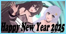 2girls breasts date_a_live grey_eyes grey_hair highres izayoi_miku long_hair looking_at_viewer multiple_girls purple_eyes purple_hair smile yatogami_tohka