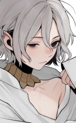 1boy abyssal404 bags_under_eyes black_eyes dungeon_meshi elf gorget grey_hair lazy_eye looking_at_viewer male_focus mithrun notched_ear pointy_ears scar shirt short_hair solo uneven_eyes wavy_hair white_background