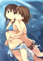 Rule 34 | 2girls, absurdres, bikini, bikini top only, black hair, blue eyes, blush, breasts, brown eyes, brown hair, comiket, comiket 86, couple, eye contact, female focus, flat chest, girls log vol.5 -summer vacation-, gradient background, groin, hair ornament, hairclip, highres, hug, hug from behind, kyuri, looking at another, multiple girls, navel, original, sarong, scan, short hair, shorts, side-tie bikini bottom, small breasts, smile, swimsuit, underwater, water, yuri