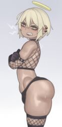 1boy :/ adjusting_clothes androgynous angel angel_boy anger_vein annoyed ass_shake bare_shoulders black_thighhighs blonde_hair blush bulge clenched_teeth crossdressing crossed_arms curvy dark-skinned_male dark_skin ear_piercing elbow_gloves frown gabi_(kelvin_hiu) gloves goth_fashion halo highleg highleg_panties highres kelvin_hiu legs_together looking_at_viewer looking_to_the_side midriff original panties piercing revealing_clothes sharp_teeth shiny_skin skindentation solo stomach strapless teeth thighhighs thong trap underwear v-shaped_eyebrows whale_tail_(clothing) yellow_eyes