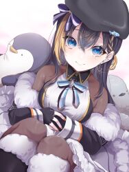 1girl anchor_earrings beret black_hair blonde_hair blue_eyes bodystocking boots braid breasts earrings fingerless_gloves fish_hat_ornament fur-trimmed_boots fur-trimmed_jacket fur_trim glint gloves hair_between_eyes hat highres irie_(engawaittyou) jacket jewelry long_hair medium_breasts multicolored_hair nijisanji nijisanji_en off_shoulder orange_nails petra_gurin petra_gurin_(2nd_costume) side_braid single_earring smile solo streaked_hair stuffed_animal stuffed_penguin stuffed_toy virtual_youtuber