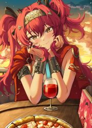 1girl absurdres armlet closed_mouth commentary cup drinking_glass food hairband head_tilt highres jewelry light_blush long_hair looking_at_viewer lupa_(wuthering_waves) metal_hairband multiple_rings official_art_inset orange_sky outdoors pizza pov_across_table red_pupils red_sash revermam12 ring sash sky smile solo twintails wrist_guards wuthering_waves yellow_eyes