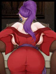1boy 1girl after_paizuri arc_the_lad ass backboob bare_shoulders bed breasts breasts_out breasts_squeezed_together cum earrings from_behind huge_ass huge_breasts implied_paizuri japanese_clothes jewelry kimono kneeling kukuru_(arc_the_lad) kurarika large_breasts long_hair lying meldes paizuri ponytail purple_hair robe sash scarf wide_sleeves