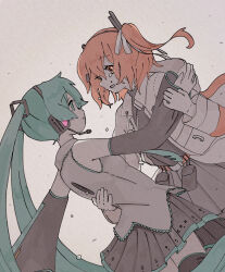 Rule 34 | 2girls, a.i. voice, absurdres, adachi rei, aqua eyes, aqua hair, aqua necktie, belt, belt pouch, black shirt, black skirt, collared shirt, commentary request, crying, crying with eyes open, detached sleeves, eye contact, floating hair, from side, grey shirt, hair ornament, hair ribbon, hairband, hairclip, hand on another&#039;s back, hand up, hatsune miku, headlamp, headphones, highres, holding another&#039;s arm, hole in chest, hole on body, hood, hood down, hooded jacket, jacket, long hair, long sleeves, looking at another, microphone, multiple girls, necktie, one side up, open clothes, open jacket, open mouth, orange belt, orange eyes, orange hair, pleated skirt, pouch, profile, radio antenna, raised eyebrows, ribbon, sabaku (saba9), shirt, shirt tucked in, short hair, simple background, skirt, sleeveless, sleeveless shirt, tears, traditional media, turtleneck, twintails, utau, very long hair, vocaloid, waltz (dance), watercolor pencil (medium), white jacket, white ribbon