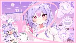 &gt;_&lt; 1girl 6crcg :i ? ahoge analog_clock animal_request animal_slippers arms_up birthday_cake black_shorts blush border cake character_request chibi chibi_inset clock closed_mouth coffee coffee_mug colored_bangs commentary_request company_name copyright_notice creamer_packet crossed_bangs crying cup double_bun earrings fingernails flower_earrings food gradient_hair hair_between_eyes hair_bun hands_up holding holding_marker jewelry kozue_mone long_hair long_sleeves looking_at_viewer marker mug multicolored_hair nail_polish nijisanji official_art open_mouth outline outside_border pink_border pink_eyes pink_hair pink_nails pout pudding purple_hair sample_watermark saucer short_shorts shorts sidelocks sleeves_past_wrists slippers solo speech_bubble spoken_question_mark spoken_thumbs_down sweater tears thumbs_down upper_body very_long_hair watermark white_outline white_slippers white_sweater
