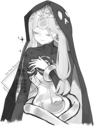 1girl aeon_(skullgirls) bracelet closed_eyes cropped_torso dotcube greyscale hand_on_own_chest highres hood hourglass jewelry long_hair monochrome sand shrug_(clothing) skullgirls smile solo tiara twintails