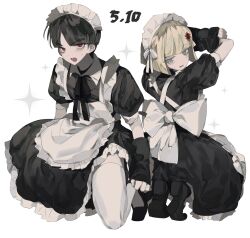 1boy 1girl apron arm_warmers black_dress black_ribbon black_shoes blonde_hair blue_eyes blunt_bangs blush bow crossdressing dated dress forked_eyebrows full_body hair_ornament highres maid maid_day maid_headdress maruko_gaku oosuzuki_kurara open_mouth red_eyes ribbon shoes short_hair small_sweatdrop sparkle squatting the_hundred_line_-last_defense_academy- thighhighs white_apron white_bow white_thighhighs ykzaazky