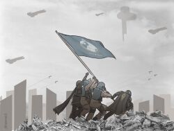 aircraft airplane ambiguous_gender armor artist_name bulletproof_vest cityscape fighter_jet flag grey_background helldiver_(helldivers) helldivers_(series) helmet military_uniform military_vehicle multiple_boys raising_the_flag_on_iwo_jima rubble seaf_soldier_(helldivers) spacecraft xanran