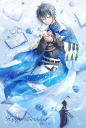 1boy afloat belt black_shirt blue_flower blue_scarf book brown_belt closed_eyes closed_mouth coat commentary creature dated english_commentary flower from_above full_body glasses happy_birthday high_heels highres holding holding_creature ike_eveland ike_eveland_(1st_costume) long_sleeves lying male_focus nijisanji nijisanji_en open_book pants paper pouch quilldren_(ike_eveland) ripples scarf shirt signature smile solo suspenders tassel unworn_eyewear virtual_youtuber water white_coat white_pants zibiya_116
