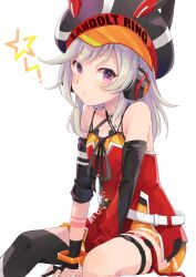 1girl arm_warmers bare_shoulders black_gloves blonde_hair closed_mouth commentary_request facial_mark fingerless_gloves gloves hat headphones highres komori_met komori_met_(1st_costume) looking_at_viewer orange_eyes shirana_tamana sitting solo star_(symbol) thigh_strap virtual_youtuber vspo! white_background