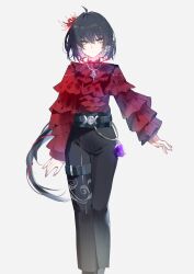 1girl absurdres black_hair black_pants closed_mouth commentary earrings feet_out_of_frame female_rover_(wuthering_waves) flower grey_background hair_flower hair_ornament highres jewelry long_hair long_sleeves looking_at_viewer low_ponytail pants ponytail red_flower red_shirt rover_(wuthering_waves) shigureszku shirt shirt_tucked_in simple_background solo spider_lily triangle_earrings very_long_hair wuthering_waves yellow_eyes