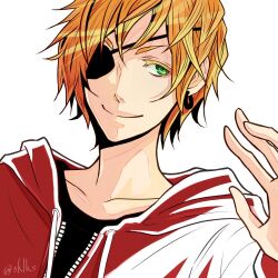 1boy black_shirt collarbone colored_eyelashes d.gray-man earrings eyepatch front_zipper green_eyes hair_between_eyes hand_up hood hood_down hooded_jacket hoop_earrings jacket jewelry lavi looking_to_the_side male_focus messy_hair one_eye_covered orange_hair red_jacket shirt short_hair sidelocks signature simple_background sklks smile solo twitter_username white_background zipper