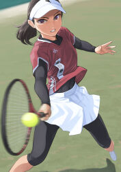 1girl bad_perspective ball black_hair brown_eyes clenched_teeth holding_tennis_racket long_hair long_sleeves motion_blur original otsu_natsu outdoors red_shirt shirt skirt solo sportswear teeth tennis tennis_ball tennis_uniform visor_cap white_skirt