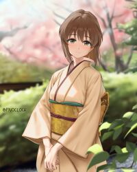 1girl absurdres blunt_bangs blurry blurry_background blush brown_hair commentary_request fivoclock hagiwara_yukiho highres idolmaster idolmaster_(classic) idolmaster_million_live! japanese_clothes kimono light_blush looking_at_viewer obi own_hands_together sash short_hair solo twitter_username yellow_kimono