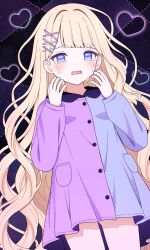 1girl @_@ blonde_hair blue_eyes blue_shirt blush cowboy_shot crying crying_with_eyes_open hair_intakes hair_ornament highres long_hair long_sleeves looking_at_viewer open_mouth original purple_shirt san_nana shirt solo teardrop tears two-tone_shirt very_long_hair wavy_mouth x_hair_ornament