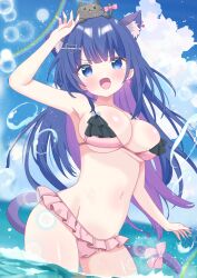 1girl absurdres animal animal_ears animal_on_head arm_up armpits bare_arms bare_shoulders bikini blue_eyes blush bow breasts bubble cat cat_ears cat_tail cleavage commission cowboy_shot day earrings fang frilled_bikini frills highres hiiragisensei indie_virtual_youtuber jewelry large_breasts long_hair looking_at_viewer matatabi_pechi navel ocean on_head open_mouth outdoors pink_bikini skeb_commission solo standing swimsuit tail tail_bow tail_ornament wading water water_drop