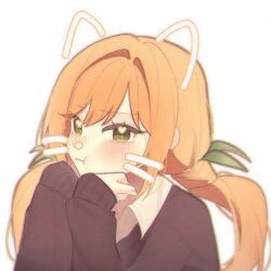 1girl :t blonde_hair blush brown_cardigan brown_outline cardigan chi_kan100 collared_shirt drawn_ears drawn_nose drawn_whiskers furrowed_brow green_eyes green_ribbon hair_between_eyes hair_intakes hair_ribbon hands_on_own_chin head_rest heart heart_in_eye inda_karane kimi_no_koto_ga_dai_dai_dai_dai_daisuki_na_100-nin_no_kanojo long_hair long_sleeves looking_at_viewer low_twintails ohananomitsu_high_school_uniform outline portrait ribbon school_uniform shirt simple_background sleeves_past_wrists solo symbol_in_eye twintails white_background white_shirt