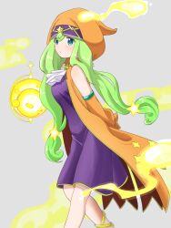1girl absurdres arms_behind_back ascot blue_eyes breasts coat commentary_request cowboy_shot detached_sleeves dress green_hair grey_background hair_between_eyes hair_ornament highres hood hood_up hooded_coat irene_(puyopuyo) leaning_forward long_hair looking_at_viewer magic medium_breasts motimoti_mgmg orange_coat orange_sleeves parted_lips purple_dress puyopuyo puyopuyo_quest sleeveless sleeveless_coat solo standing star_(symbol) star_hair_ornament white_ascot