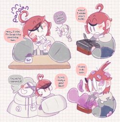Rule 34 | 1girl, 2boys, 4koma, ahoge, aotsuki eito, black hair, blush, comic, english text, highres, kirifuji nozomi, multicolored hair, multiple boys, red hair, simple background, speech bubble, the hundred line -last defense academy-, white background, white hair