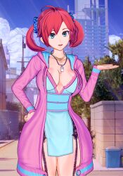 1girl 3d blue_eyes cloud collar digimon digimon_story:_cyber_sleuth female_focus hair_ornament hairpin jacket long_hair pink_hair shiramine_nokia sky solo twintails