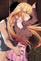 1boy 1girl absurdres against_wall black_hair blonde_hair blush bottomless breasts brown_shoes brown_sleeves censored commentary_request detached_sleeves from_side grabbing_another&#039;s_breast grey_tank_top groping hair_ornament hair_scrunchie hetero highres long_hair long_sleeves medium_breasts molestation mosaic_censoring origami_aya original pink_scrunchie pink_skirt scrunchie shirt shoes short_hair sidelocks skirt sleeveless sleeveless_shirt tank_top twintails x_hair_ornament