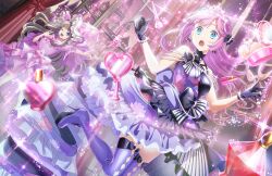 2girls :o anyoji_hime anyoji_hime_(kaikou_no_butoukai) bare_shoulders black_bow black_gloves blonde_hair blue_eyes blunt_bangs boots bottle bow breasts brown_hair castle cosmetics dress floating_hair foot_out_of_frame footwear_bow frilled_dress frilled_hat frills fujishima_megumi fujishima_megumi_(kaikou_no_butoukai) game_cg gloves gradient_hair hair_bow hand_mirror hat heart-shaped_bottle heart-shaped_mirror heart_wand high_heel_boots high_heels highres holding holding_wand indoors large_breasts leg_up link!_like!_love_live! lipstick_tube long_hair long_sleeves love_live! magic makeup_brush mirror multicolored_hair multiple_girls official_alternate_costume official_art pantyhose perfume_bottle pink_dress pink_hair pink_hat purple_boots purple_dress purple_eyes short_dress sidelocks sleeveless sleeveless_dress swept_bangs teeth thigh_boots third-party_source tiara upper_teeth_only very_long_hair virtual_youtuber wand white_dress white_pantyhose white_sleeves window wizard