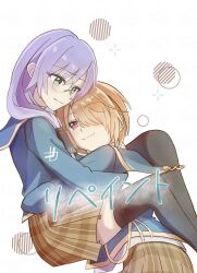 2girls aoi11_luyu blonde_hair blue_jacket glasses green_eyes grey_hair hair_ornament hair_over_one_eye hair_over_shoulder hairclip heaven_burns_red highres izumi_yuki_(heaven_burns_red) jacket kayamori_ruka long_hair long_sleeves looking_at_another low-tied_long_hair multiple_girls one_eye_covered open_clothes open_jacket red_eyes round_eyewear shirt short_hair white_background white_shirt yuri