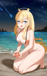 1girl :d absurdres beach bikini blonde_hair blue_eyes blush braid breasts cleavage goddess_of_victory:_nikke headgear highres holding kneeling long_hair looking_at_viewer medium_breasts night night_sky ocean open_mouth sand sidelocks sky smile solo starfish swimsuit tove_(nikke) water yomining