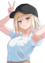 Rule 34 | 1girl, absurdres, arm up, armpits, bang dream!, bang dream! it&#039;s mygo!!!!!, baseball cap, beniyomogi, black hat, blonde hair, blush, breasts, closed mouth, commentary request, hat, highres, long hair, looking at viewer, medium breasts, medium hair, misumi uika, purple eyes, shirt, short sleeves, simple background, solo, upper body, v, variant set, white background, white shirt