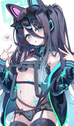 1girl absurdres alternate_costume alternate_hairstyle animal_ear_headphones animal_ears aris_(blue_archive) bare_shoulders bikini black_bikini black_hair black_jacket black_thighhighs blue_archive blue_eyes blush breasts cat_ear_headphones double_w fake_animal_ears headphones highres jacket kabedoru looking_at_viewer navel open_mouth ponytail solo stomach swimsuit thighhighs underboob w