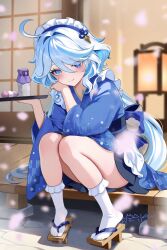 1girl ahoge alternate_costume black_sash blue_eyes blue_hair blue_kimono blue_pupils blush closed_mouth dango dango_milk_(genshin_impact) drop-shaped_pupils food frilled_hairband frills furina_(genshin_impact) genshin_impact geta hair_between_eyes hairband hashtag-only_commentary heterochromia highres holding holding_tray indoors japanese_clothes kimono long_hair long_sleeves looking_at_viewer multicolored_hair obi rrr_gns_(riuriu_1212) sash sitting smile solo streaked_hair symbol-shaped_pupils tray very_long_hair wagashi white_hair