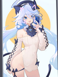 1girl :d alternate_costume animal_ear_hairband animal_ears ascot black_panties blue_ascot blue_brooch blue_eyes blue_hair breasts cat_ear_hairband cat_ears cat_tail cellphone contrapposto distr drawn_ears drawn_whiskers drop-shaped_pupils fake_animal_ears furina_(genshin_impact) genshin_impact hairband heterochromia highres holding holding_phone long_hair mirror_selfie no_pants off-shoulder_shirt off_shoulder open_mouth panties panty_pull phone shirt small_breasts smartphone smile solo symbol-shaped_pupils tail underwear wavy_hair white_shirt