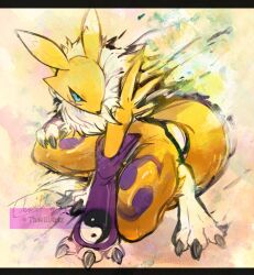 1girl adversarial_noise animal_ears animal_feet animal_hands animal_nose black_sclera blue_eyes body_fur bridal_gauntlets claws colored_sclera digimon digimon_(creature) facial_mark female_focus fox_ears fox_girl fox_tail full_body furry furry_female hand_on_ground hand_on_own_thigh leg_tattoo letterboxed looking_to_the_side neck_fur renamon serious sketch snout solo squatting tail tattoo thick_thighs thighs thwillartz two-tone_fur white_fur yellow_background yellow_fur yellow_theme yin_yang