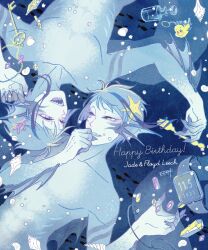 2boys blue_skin brothers collarbone colored_skin crystal eel_boy fins flounder_(the_little_mermaid) floyd_leech fork head_fins highres holding holding_fork jade_leech male_focus momosaki_hiromu multicolored_hair multiple_boys pen sharp_teeth siblings streaked_hair teeth the_little_mermaid_(disney) twins twirling_hair twisted_wonderland webbed_hands