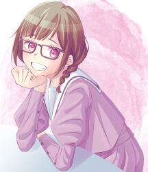 1girl braid brown_hair glasses grin hand_on_own_chin highres kaoru_hana_wa_rin_to_saku mnb_(ivuchisa) pink_eyes sailor_collar school_uniform smile solo yuzuhara_madoka