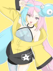 Rule 34 | 1girl, absurdres, arm up, blue hair, bow-shaped hair, breasts, character hair ornament, closed mouth, commentary request, cowboy shot, eyelashes, grey shirt, hair ornament, happy, highres, iono (pokemon), jacket, majikichi915, multicolored hair, nintendo, outline, pantyhose, pink eyes, pink hair, pokemon, pokemon sv, shirt, single leg pantyhose, sleeveless, sleeveless shirt, solo, star (symbol), star print, tongue, tongue out, two-tone hair, v, yellow background, yellow jacket