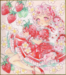 1girl amu_(m_aa) braid choker commentary_request dated dress flower food fruit hair_ornament hair_ribbon heart heart_hair_ornament highres holding holding_food holding_fruit long_hair open_mouth original painting_(medium) petticoat pink_eyes pink_hair puffy_short_sleeves puffy_sleeves red_choker red_dress red_ribbon red_shoes ribbon ribbon_choker shoes short_sleeves signature solo strawberry tareme traditional_media twin_braids watercolor_(medium) white_flower wrist_cuffs