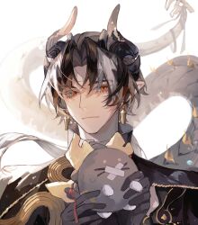 Rule 34 | 1boy, arknights, black hair, black horns, chinese commentary, chongyue (arknights), closed mouth, commentary request, dragon bubble (arknights), earrings, glint, hair intakes, highres, holding, horns, jewelry, lens flare, long hair, male focus, multicolored hair, orange eyes, pointy ears, solo, streaked hair, tail, tail raised, upper body, white background, white hair, white horns, xialiangsang