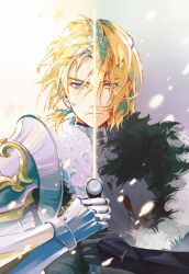 1boy armor black_armor black_fur blonde_hair blue_eyes closed_mouth commentary dimitri_alexandre_blaiddyd dimitri_alexandre_blaiddyd_(timeskip) dual_persona fire_emblem fire_emblem:_three_houses fire_emblem_warriors:_three_hopes frown highres holding holding_sword holding_weapon joer_kk looking_ahead male_focus nintendo official_alternate_costume official_alternate_hairstyle pauldrons shoulder_armor solo straight-on sword weapon white_fur
