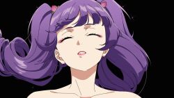 1girl black_background blunt_bangs closed_eyes collarbone drill_hair eyeliner eyeshadow flora_(nikke) goddess_of_victory:_nikke hair_ornament highres implied_nudity lipstick makeup portrait pupupuplus sidelocks teeth twin_drills twintails