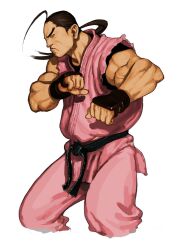 1boy ahoge black_undershirt brown_hair capcom_vs_snk dougi fighting_stance fingerless_gloves game_cg gloves hibiki_dan highres ikeno_daigo male_focus martial_arts_belt mma_gloves muscular muscular_male non-web_source official_art ponytail scowl simple_background sleeveless solo street_fighter torn_clothes torn_sleeves undershirt v-shaped_eyebrows veins veiny_arms