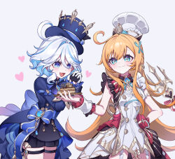 2girls absurdres ahoge apron aqua_eyes black_shorts blonde_hair blue_bow blue_eyes blue_hair blue_hat blue_jacket bow chef_hat colored_inner_hair commentary escoffier_(genshin_impact) furina_(genshin_impact) genshin_impact gloves grey_background hat heart highres holding jacket long_sleeves multicolored_hair multiple_girls short_hair short_shorts shorts sikaku simple_background symbol-only_commentary thigh_strap top_hat white_apron white_gloves white_hair white_hat wrist_cuffs