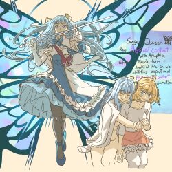 Rule 34 | 2girls, ahoge, anisphia wynn palettia, anjuro zeeku, black pantyhose, blonde hair, blue bow, blue bowtie, blue eyes, blue hair, blue shoes, blue skirt, blush, bow, bowtie, butterfly wings, closed eyes, closed mouth, commentary, elbow gloves, english commentary, english text, euphyllia magenta, gloves, hair ribbon, highres, holding, holding sword, holding weapon, hug, hug from behind, insect wings, long hair, looking at viewer, multiple girls, naked shirt, open clothes, open shirt, pantyhose, pink skirt, purple eyes, ribbon, shirt, shoes, skirt, smile, sword, tensei oujo to tensai reijou no mahou kakumei, thighhighs, weapon, white gloves, white shirt, white thighhighs, wings, yellow ribbon, yuri